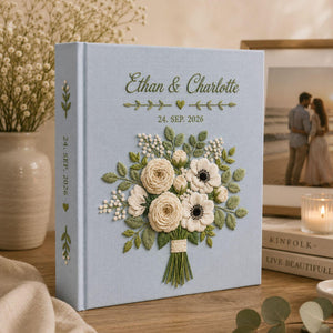 Personalized bridal bouquet hand embroidered photo album with custom names and wedding date on linen cover