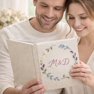 Personalized floral wreath hand embroidered photo album with custom initials on linen cover
