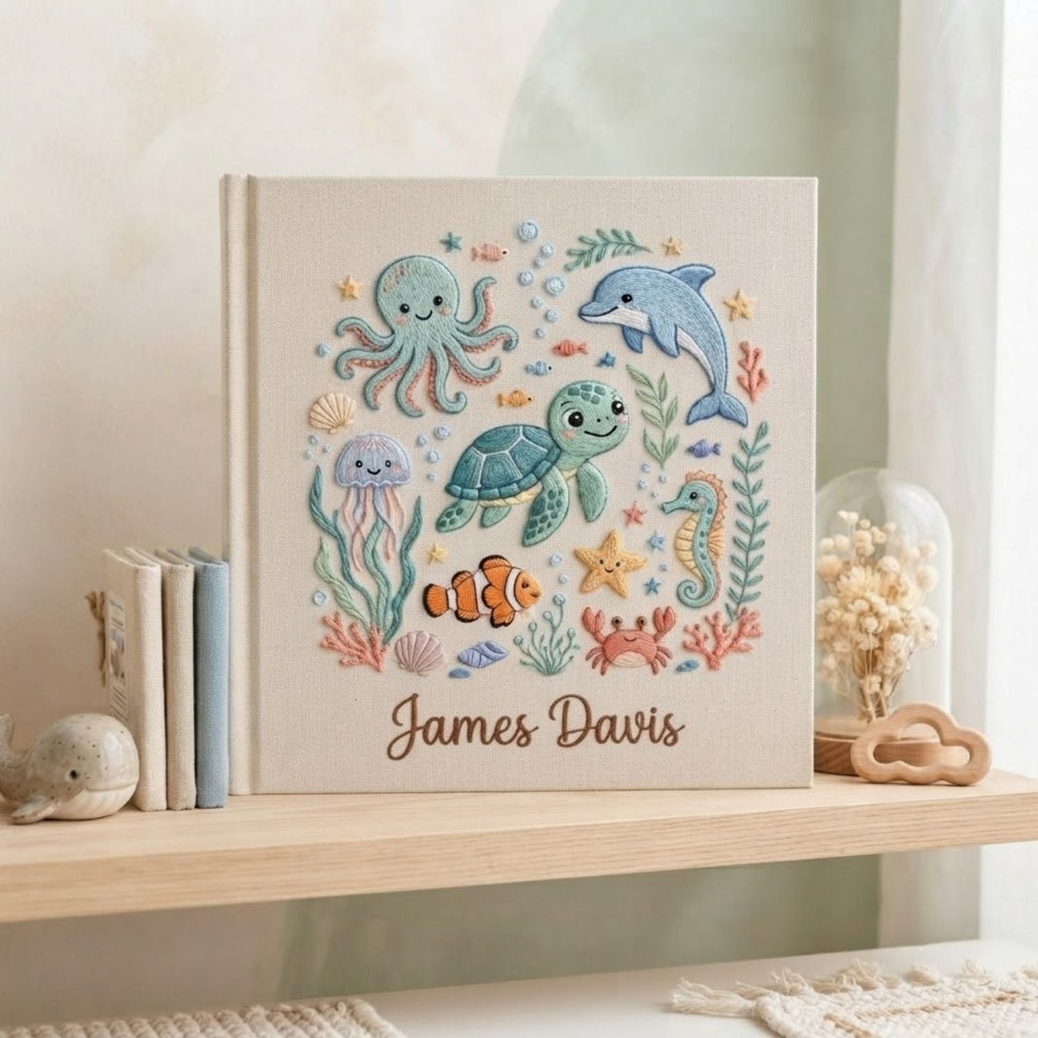 Personalized Ocean Baby Embroidered Photo Album, Sea Animals Turtle Dolphin Nursery Keepsake, Custom Name Linen Baby Memory Book Gift