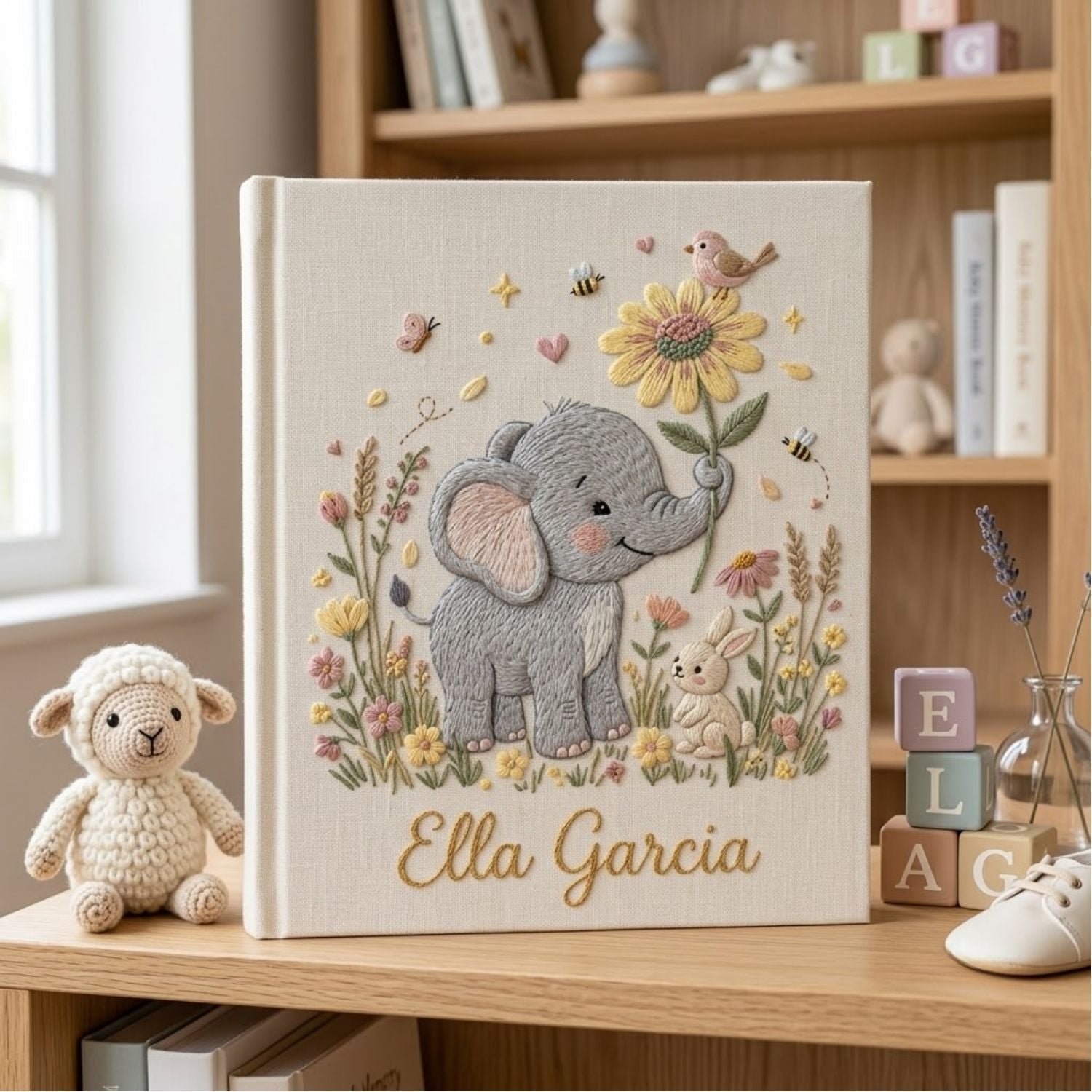 Personalized Elephant Embroidered Baby Photo Album, Floral Nursery Keepsake Gift, Custom Baby Name Album, Handmade Linen Memory Book