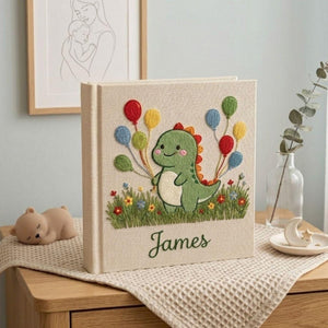 Personalized Baby Photo Album, Hand Embroidered Dinosaur Memory Book, Custom Name Keepsake, Woodland Nursery Gift, Newborn, Baby Shower Gift
