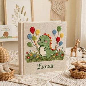 Personalized Baby Photo Album, Hand Embroidered Dinosaur Memory Book, Custom Name Keepsake, Woodland Nursery Gift, Newborn, Baby Shower Gift