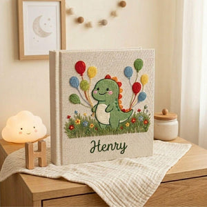Personalized Baby Photo Album, Hand Embroidered Dinosaur Memory Book, Custom Name Keepsake, Woodland Nursery Gift, Newborn, Baby Shower Gift