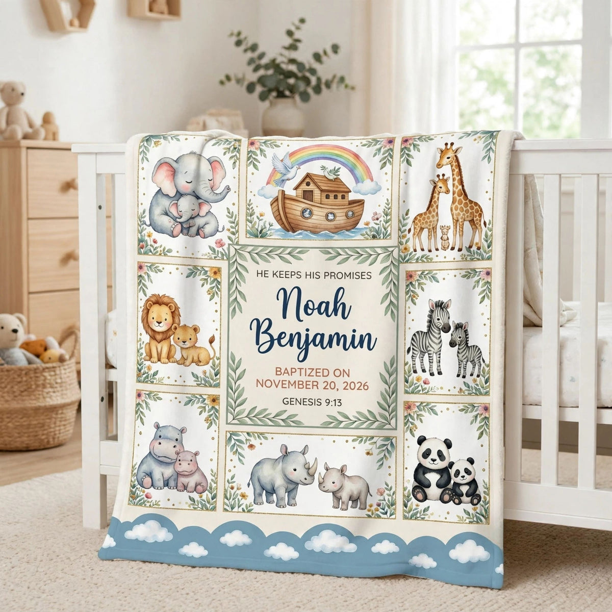 Personalized Baby Blanket Noahs Ark, Christening Gift, Safari Animal Nursery