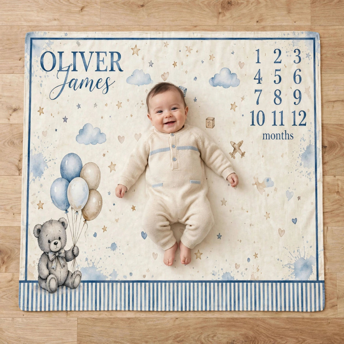 Custom Baby Monthly Milestone Blanket For Baby Boy, Light Blue Teddy Bear Clouds & Toy Blocks For Boy