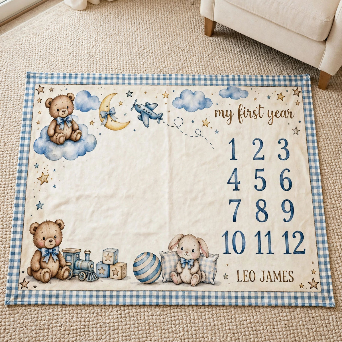 Personalized Name Baby Monthly Blanket, Cute Teddy Bear Airplane Growth Chart Blanket