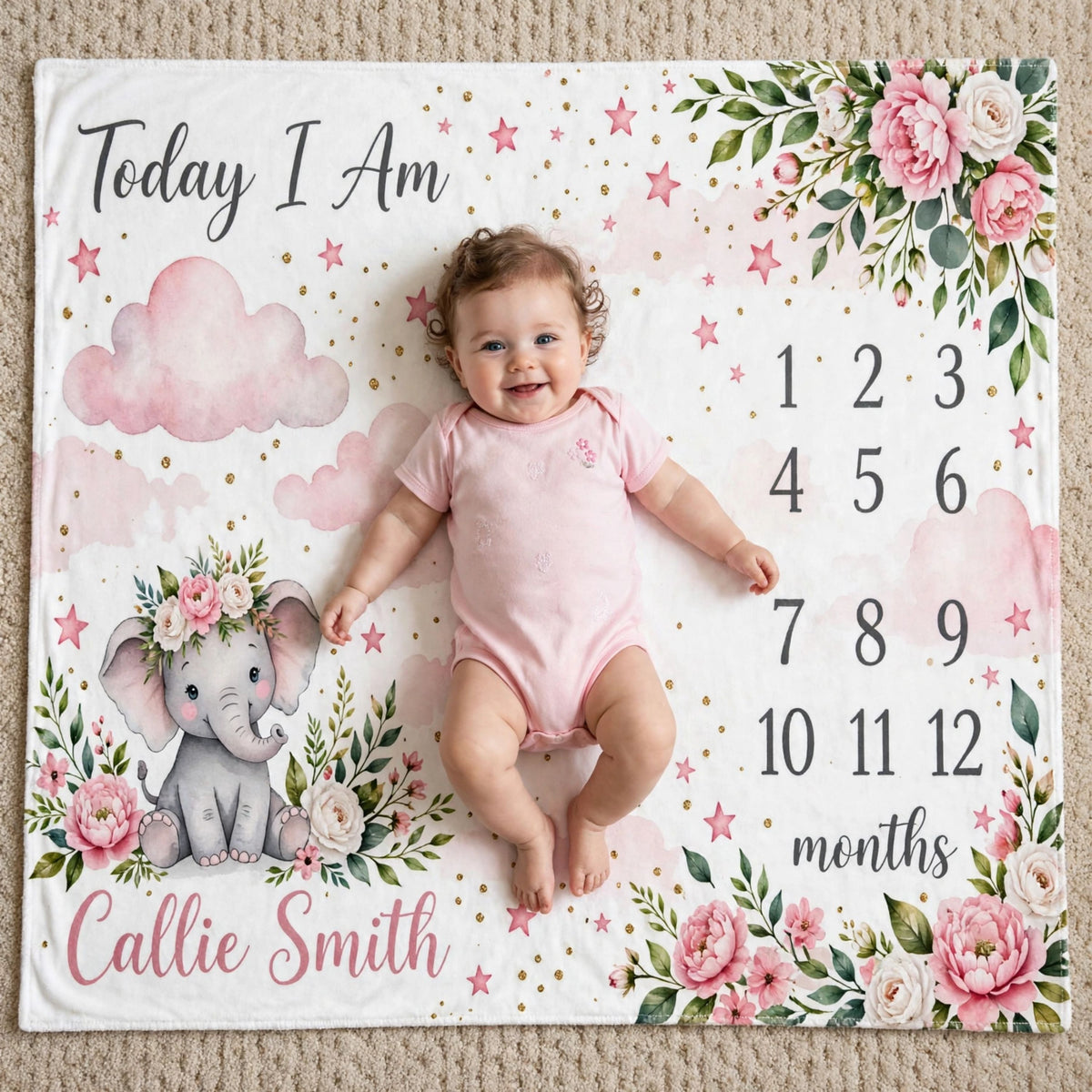 Personalized pink elephant blanket, Today I Am Floral Pink Cloud Milestone Blanket For Baby Girl, Growth Chart Fleece Blanket