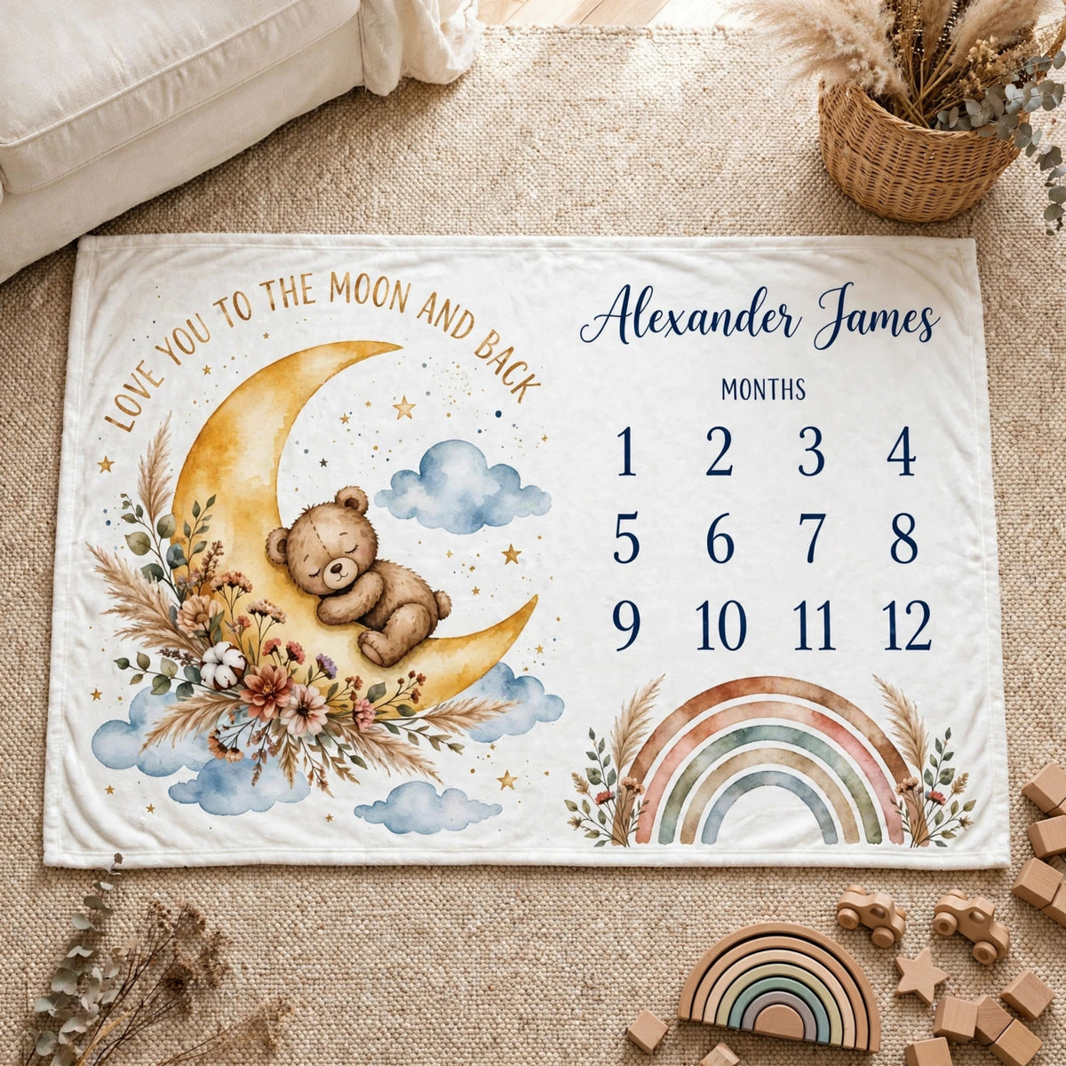 Personalized Baby Milestone Blanket, Custom Bear Sleeping on Moon Growth Tracker Blanket, Love You To The Moon And Back Nursery Blanket