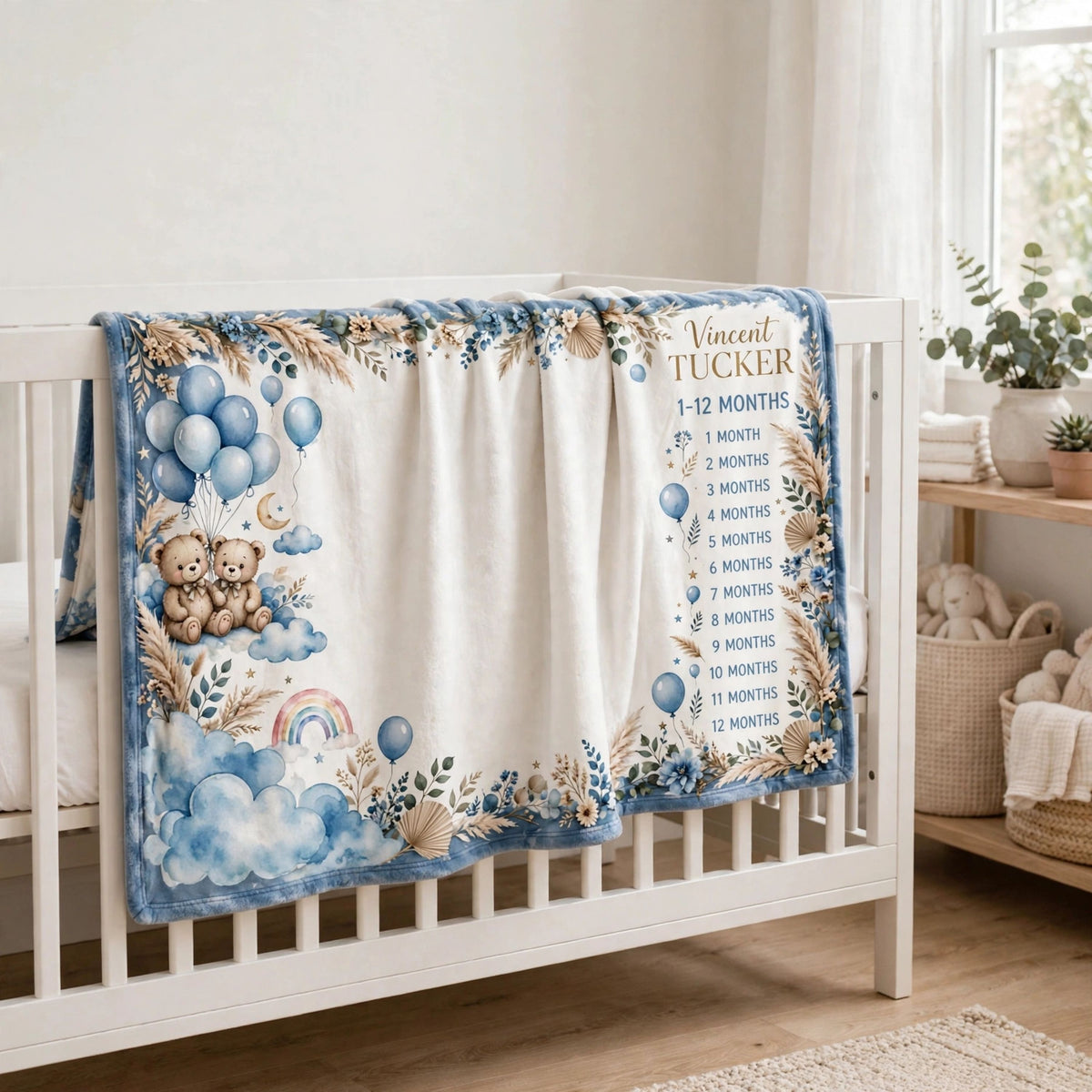 Personalized Baby Milestone Blanket, Custom Teddy Bears Blue Balloons Growth Blanket, Boho Pampas Grass Nursery Photo Prop Blanket
