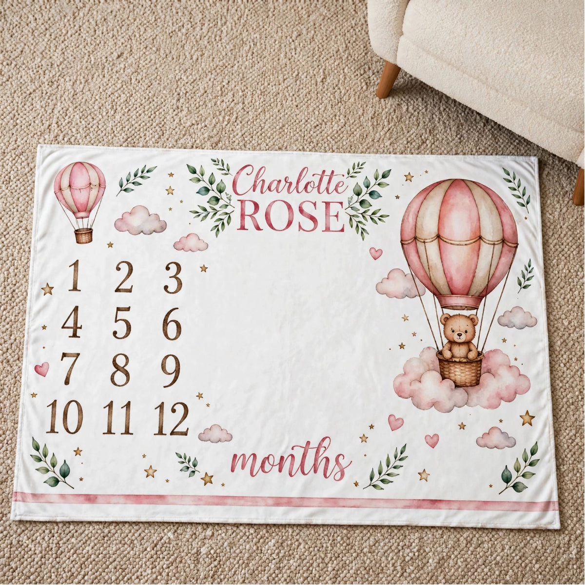 Personalized Name Baby Monthly Blanket, Cute Teddy Bear Hot Air Balloon Clouds & Stars Growth Chart Blanket