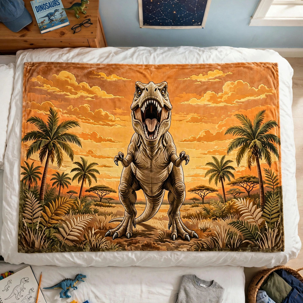 T-Rex blanket, Roaring T-Rex Dinosaur Blanket, Golden Sunset Tropical Jungle Soft Fleece Throw Blanket For Boys
