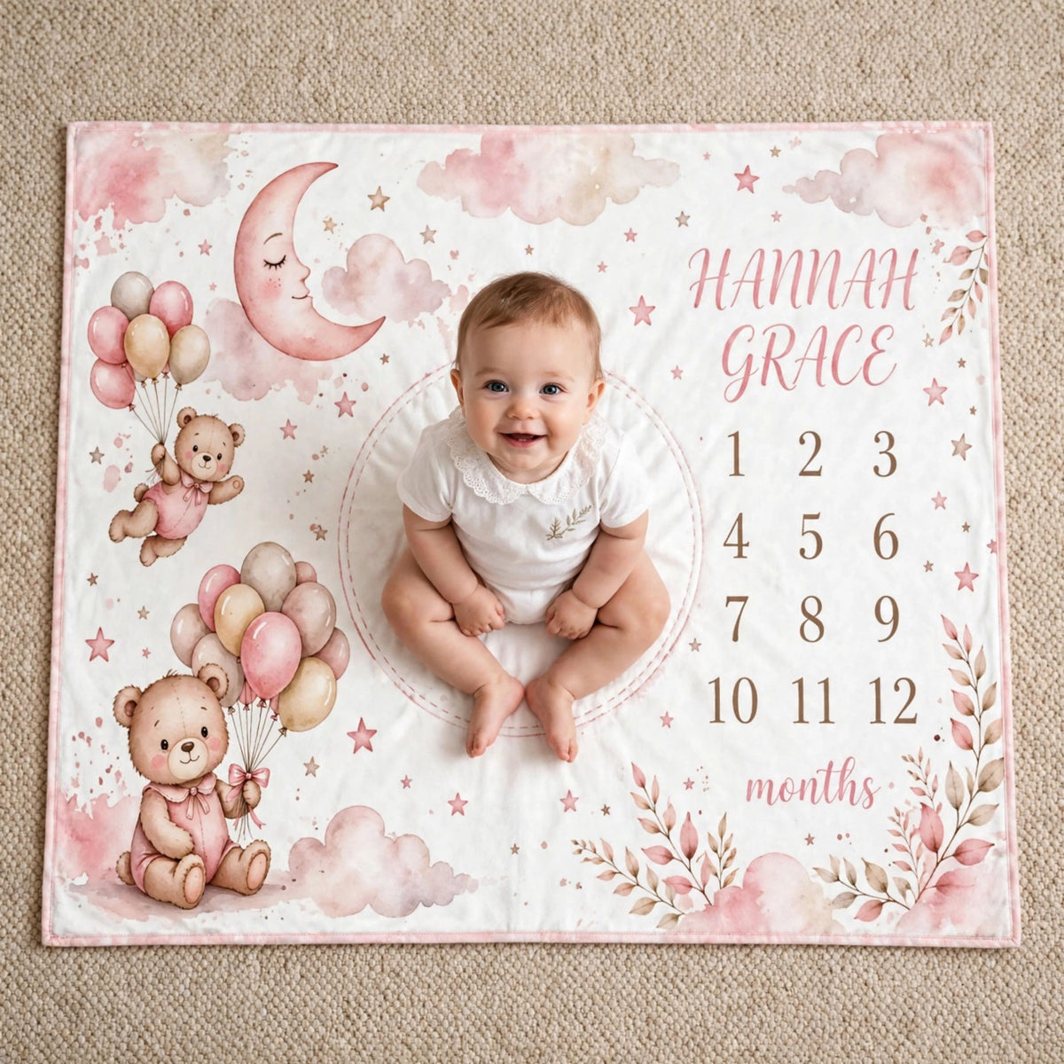 Personalized Name Baby Monthly Blanket, Cute Pink Teddy Bear Clouds & Stars Growth Chart Blanket