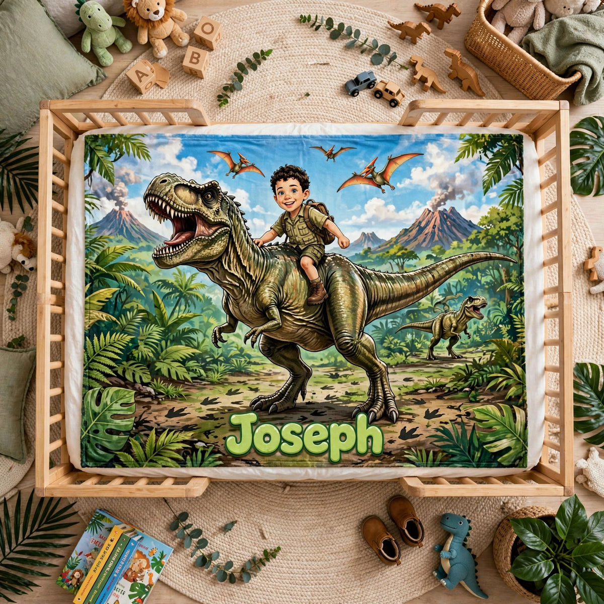 T-Rex blanket, Personalized Boy Riding T-Rex Dinosaur Blanket, Custom Name Jungle Explorer Fleece Blanket For Boys