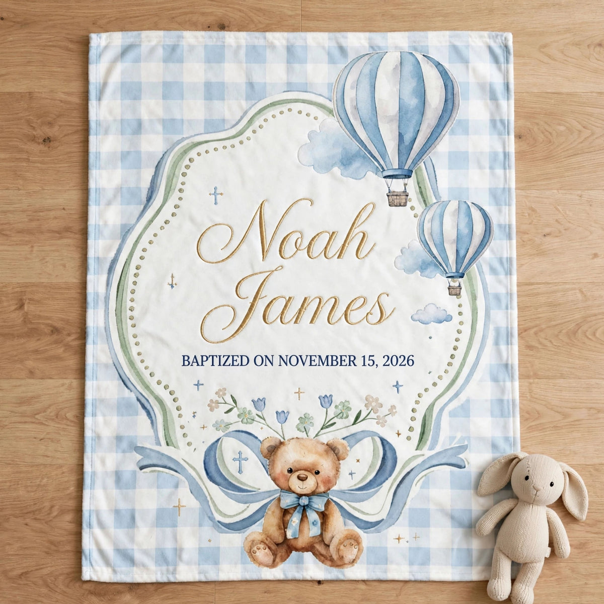 Personalized Bear Baptism Blanket, Custom Christening Gift For Baby