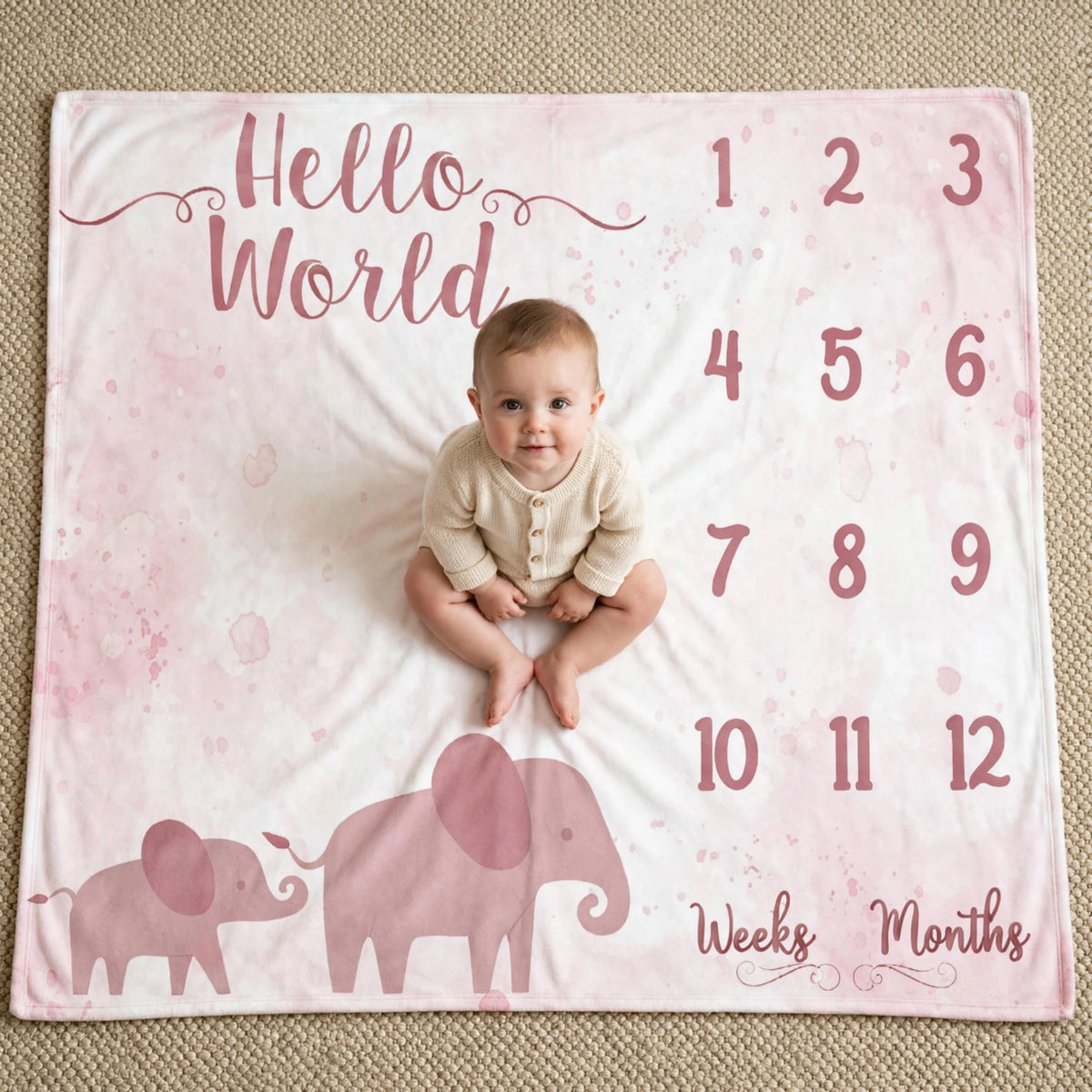 Personalized pink elephant blanket, Hello World Milestone Blanket For Baby Girl, Growth Chart Fleece Blanket