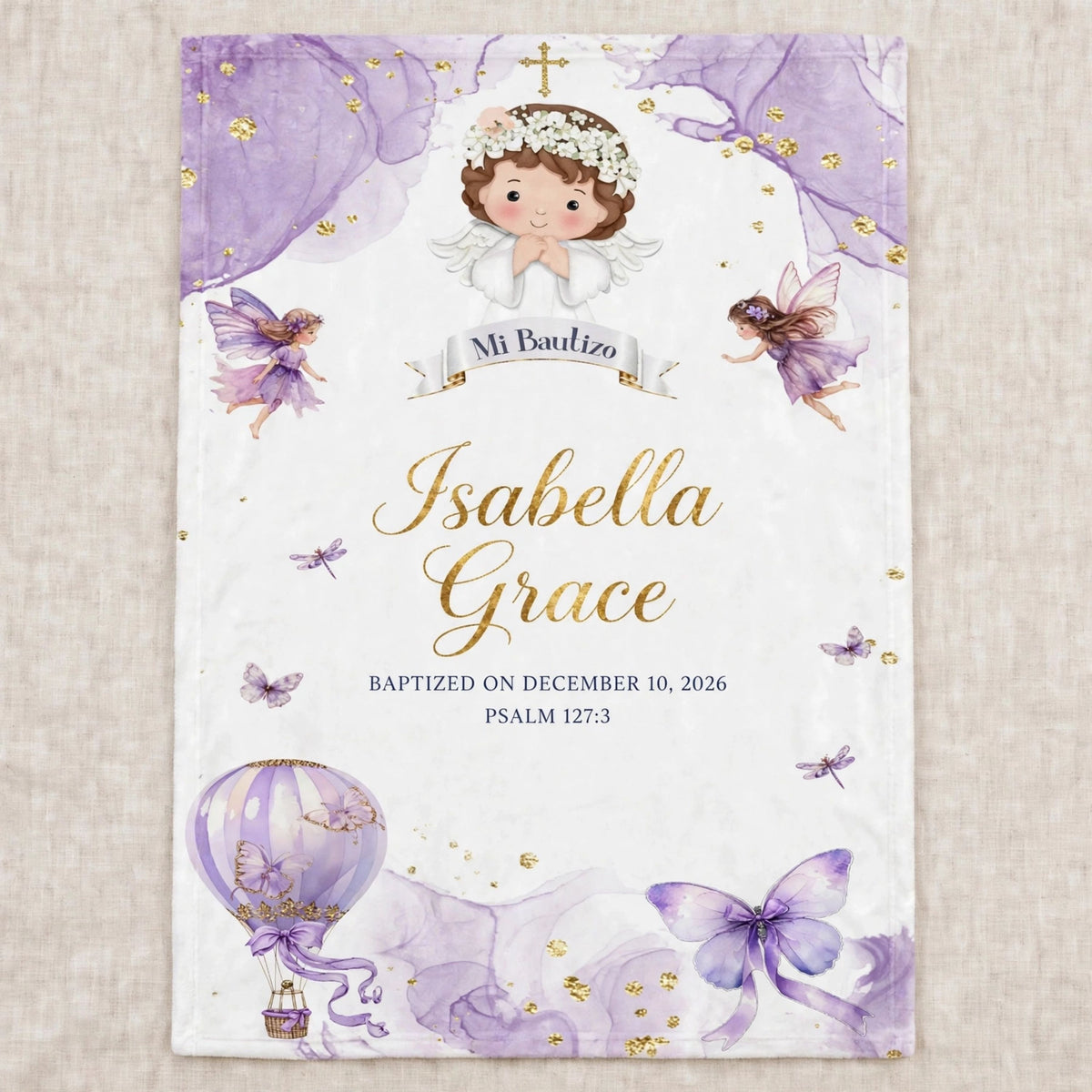 Personalized Baptism Blanket for Baby Girl, Custom Purple Fairy Angel Christian Nursery Gift