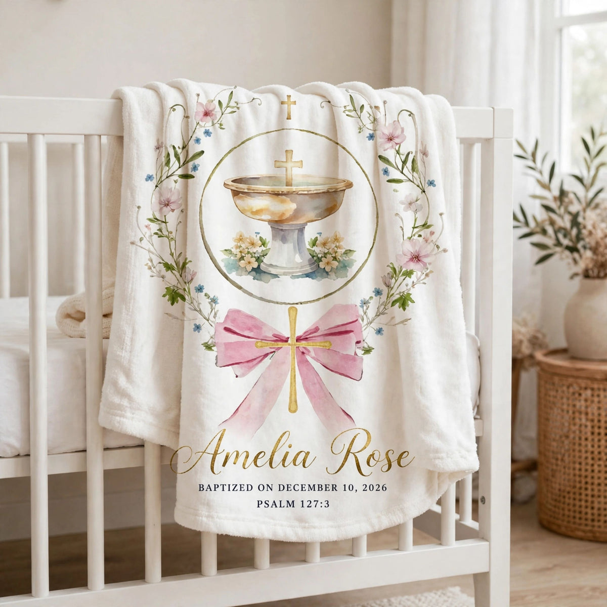 Personalized Baptism Blanket for Baby Girl, Custom Floral Cross Pink Bow Christian Nursery Gift