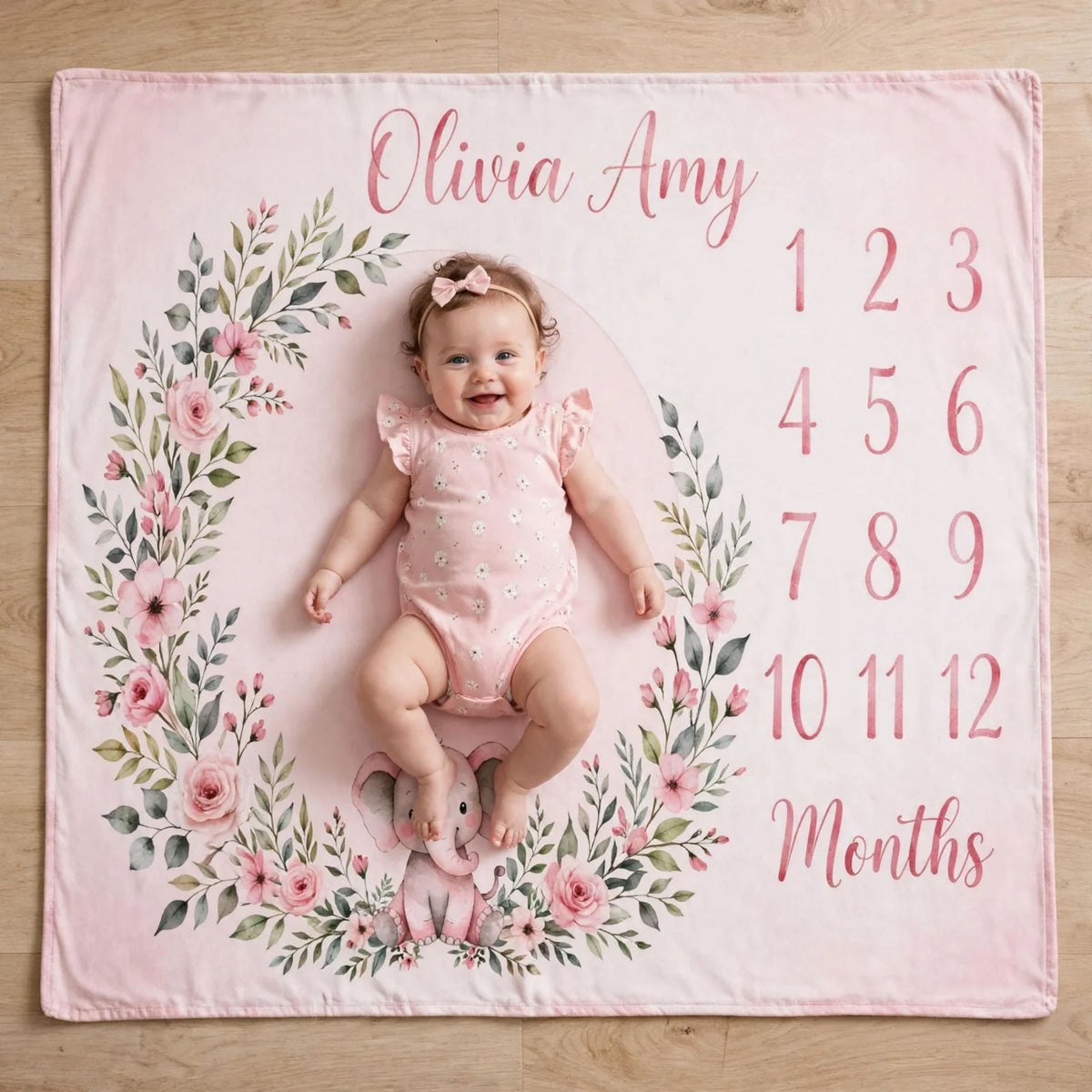 Personalized pink elephant blanket, Pink Floral Wreath Milestone Blanket For Baby Girl, Growth Chart Fleece Blanket