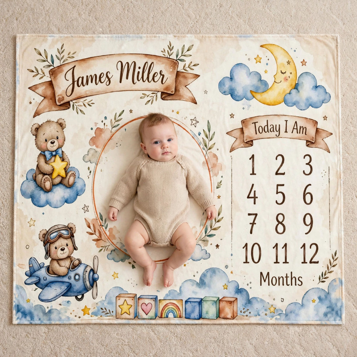 Personalized Name Baby Monthly Blanket, Cute Teddy Bear Pilot & Crescent Moon Growth Chart Blanket