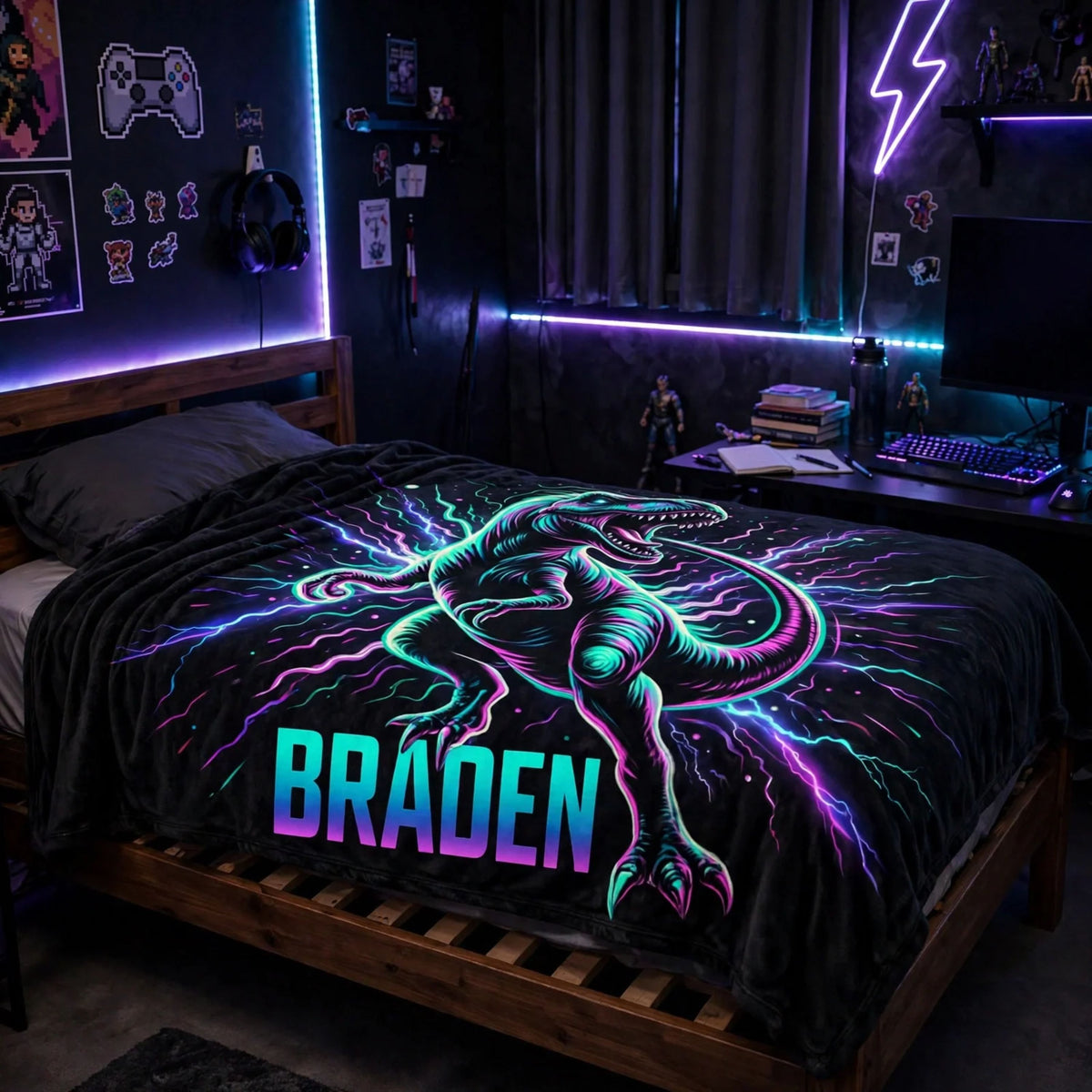 T-Rex blanket, Cool Neon Cyberpunk T-Rex Dinosaur Blanket, Custom Name Electric Lightning Fleece Blanket For Boys