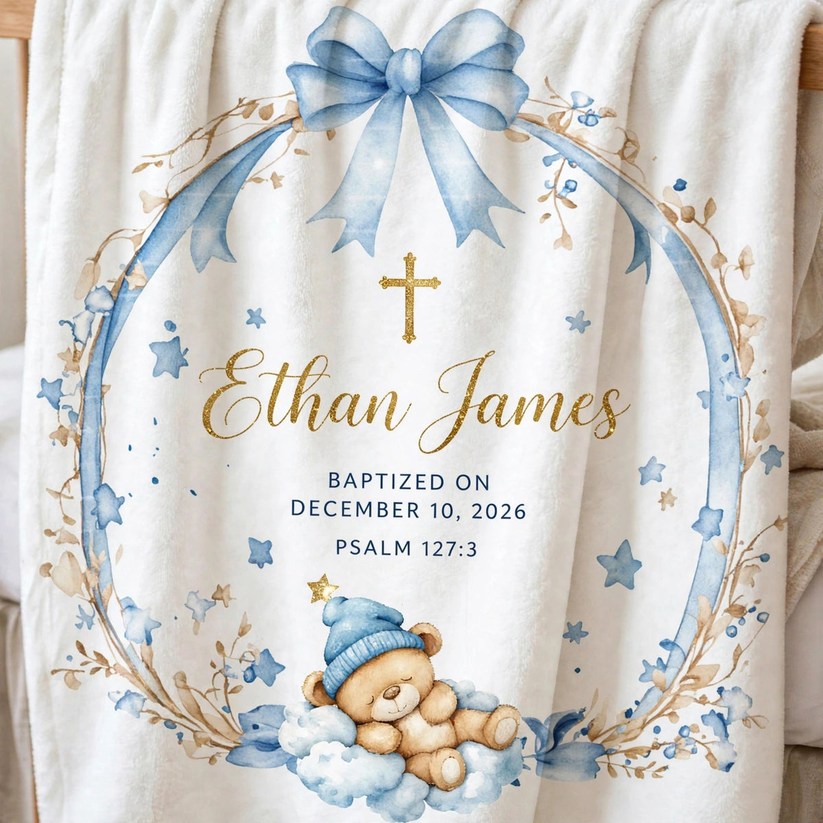 Personalized Baptism Blanket For Baby Boy, Custom Sleeping Bear On Cloud Christening Blanket, Blue Bow Dedication Gift With Name And Date
