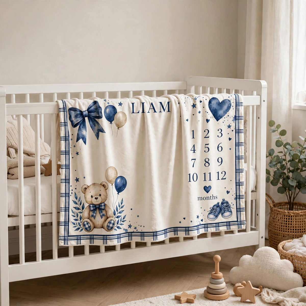 Personalized Name Baby Monthly Blanket, Cute Navy Plaid Bear Balloons Growth Chart Blanket, Newborn Milestone Blanket