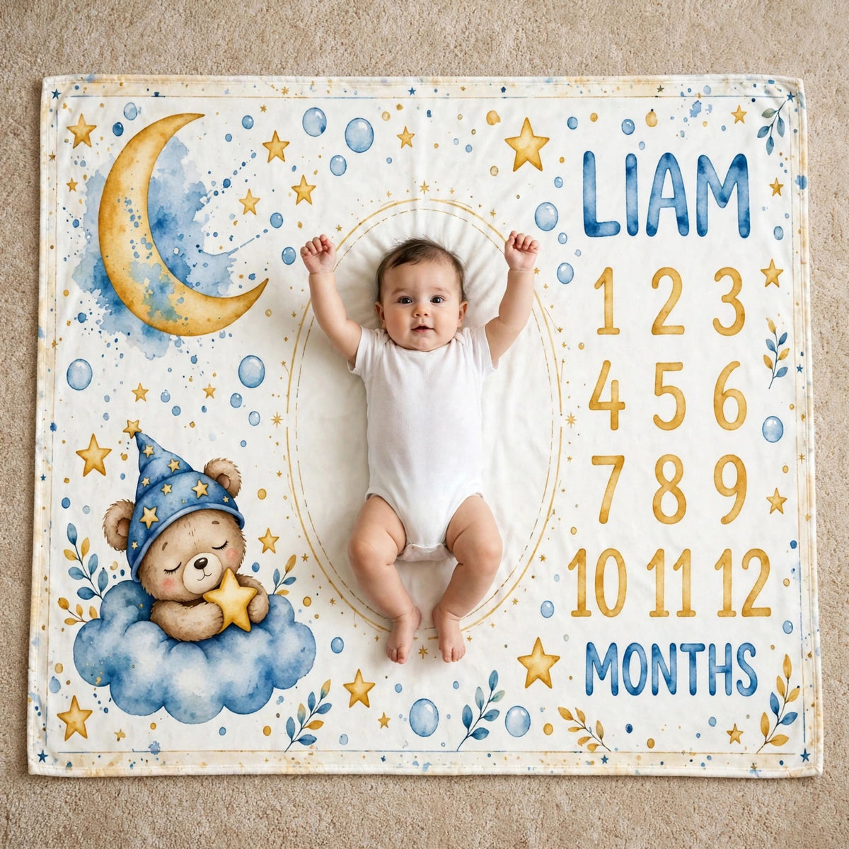 Personalized Baby Milestone Blanket, Custom Teddy Bear Sleeping on Cloud Moon Blanket