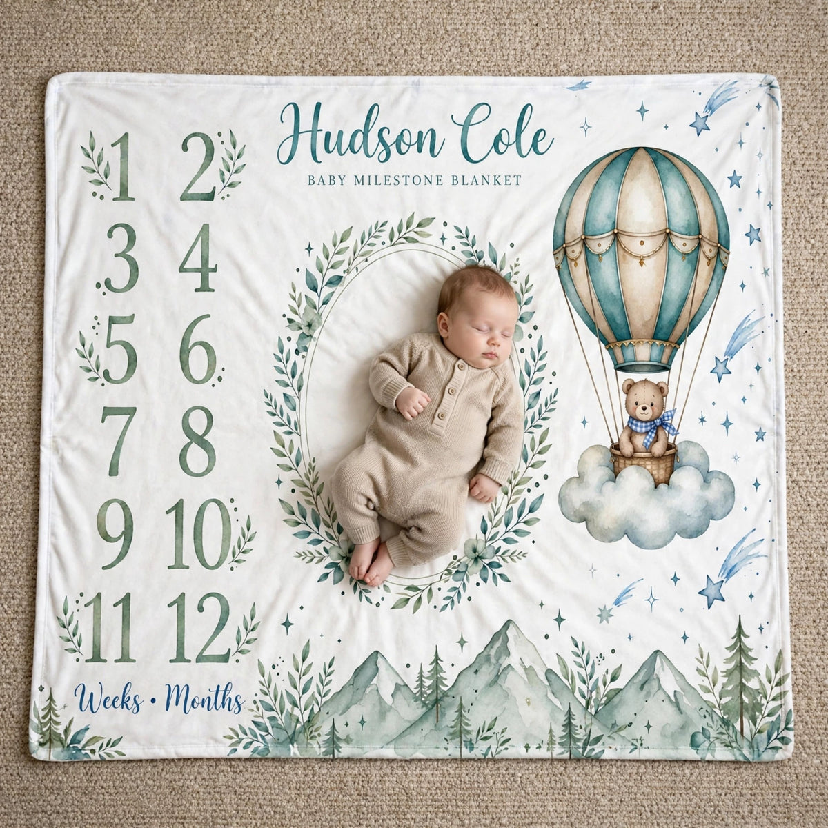 Personalized Name Baby Monthly Blanket, Cute Teddy Bear Hot Air Balloon Forest Growth Chart Blanket