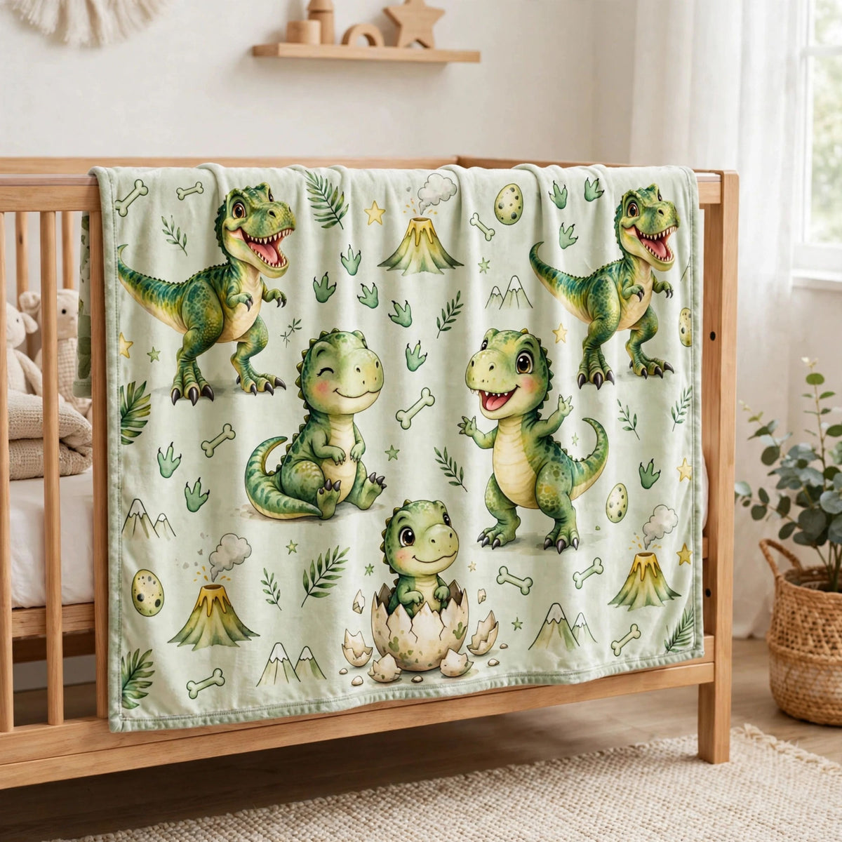 T-Rex blanket, Cute Green Baby T-Rex Dinosaur Blanket, Soft Volcano Prehistoric Nursery Blanket For Boys