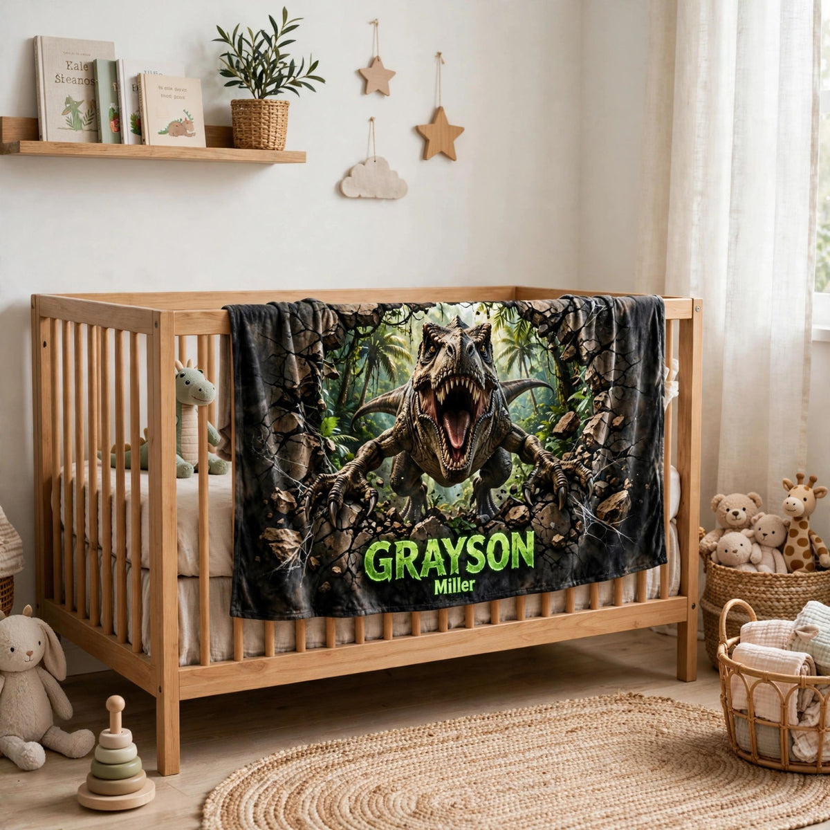 Dinosaur blanket, Realistic 3D T-Rex Dinosaur Blanket, Custom Name Breakthrough Wall Fleece Throw Blanket For Boys