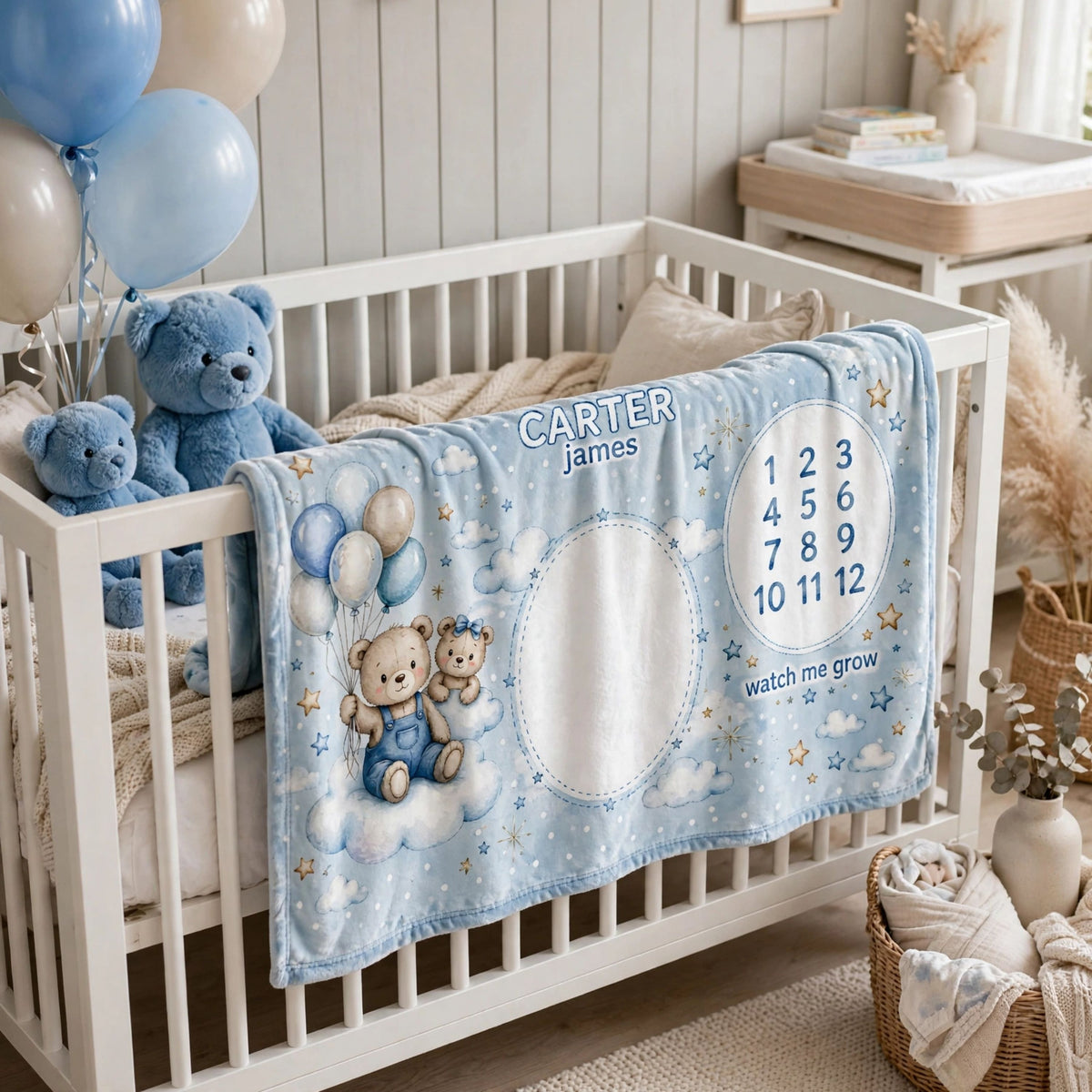 Personalized Name Baby Monthly Blanket, Cute Teddy Bears Clouds Watch Me Grow Chart Blanket