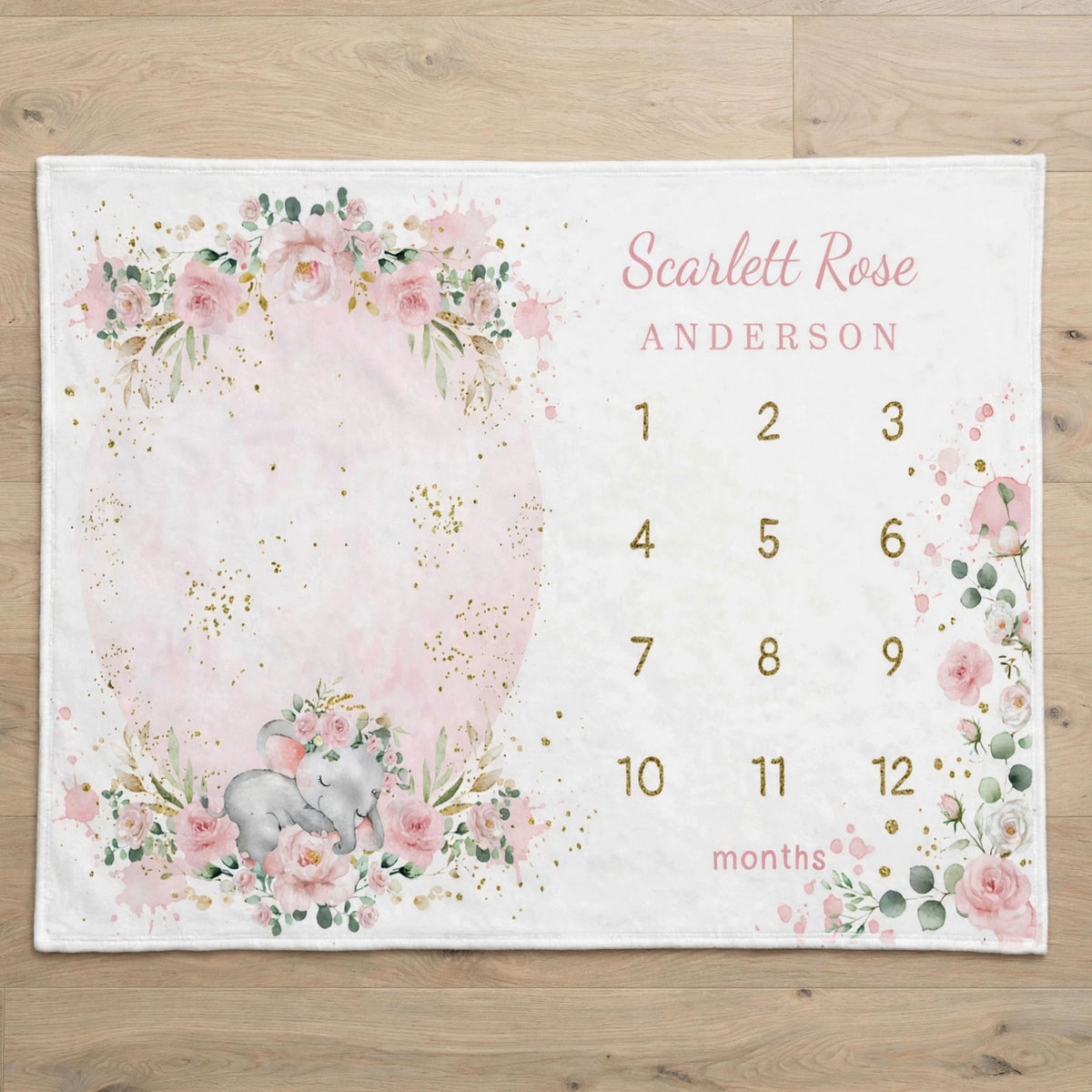 Personalized pink elephant blanket, Watercolor Floral Heart Milestone Blanket For Baby Girl, Growth Chart Fleece Blanket