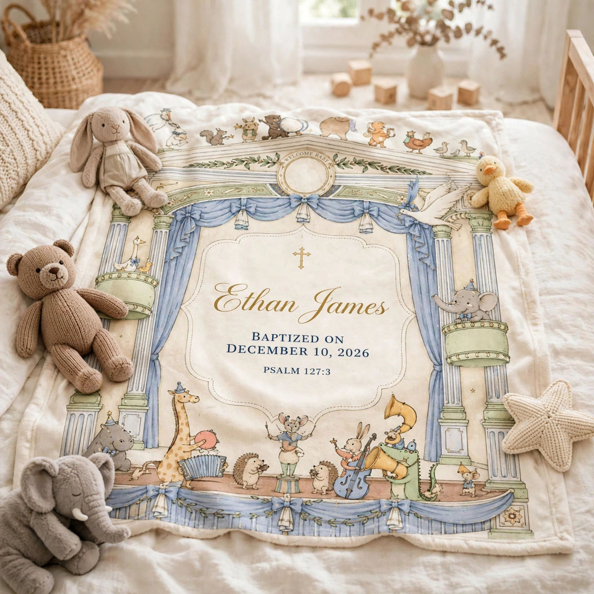 Personalized Baptism Blanket for Baby Boy, Custom Vintage Animal Parade Christening Blanket, Dedication Gift with Name and Date