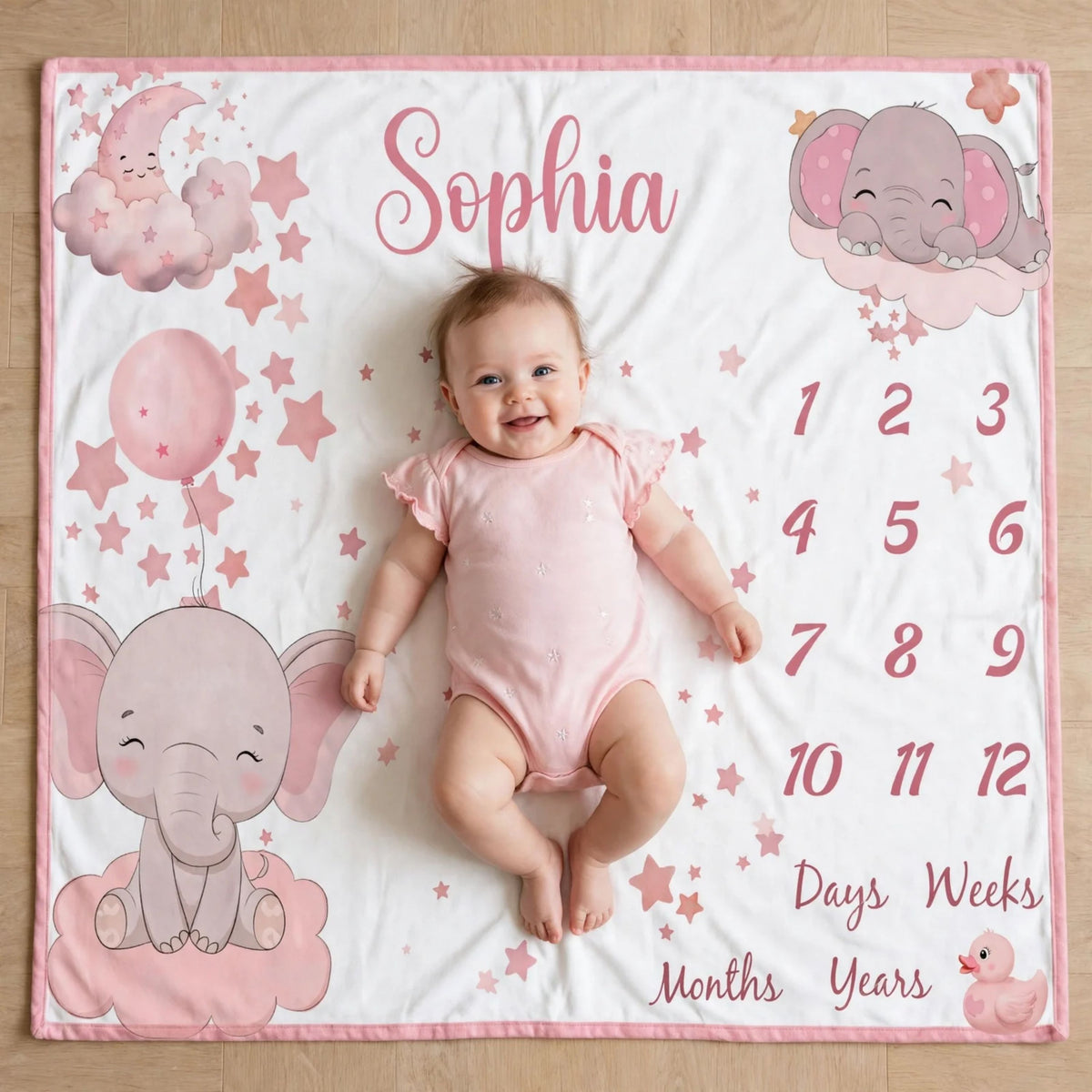 Personalized pink elephant blanket, Star Balloon Milestone Blanket For Baby Girl, Growth Chart Fleece Blanket