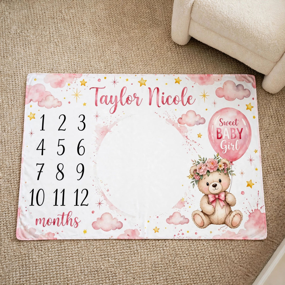 Custom Baby Monthly Milestone Blanket For Baby Girl, Sweet Baby Girl Teddy Bear & Clouds Blanket