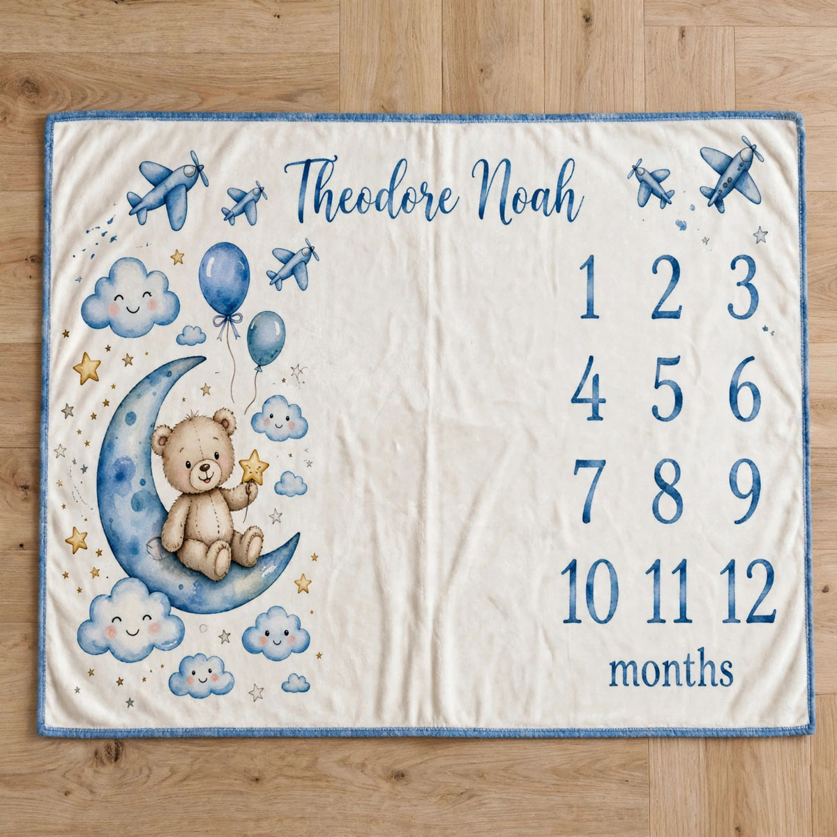 Personalized Baby Milestone Blanket, Custom Teddy Bear Crescent Moon & Airplane Blanket