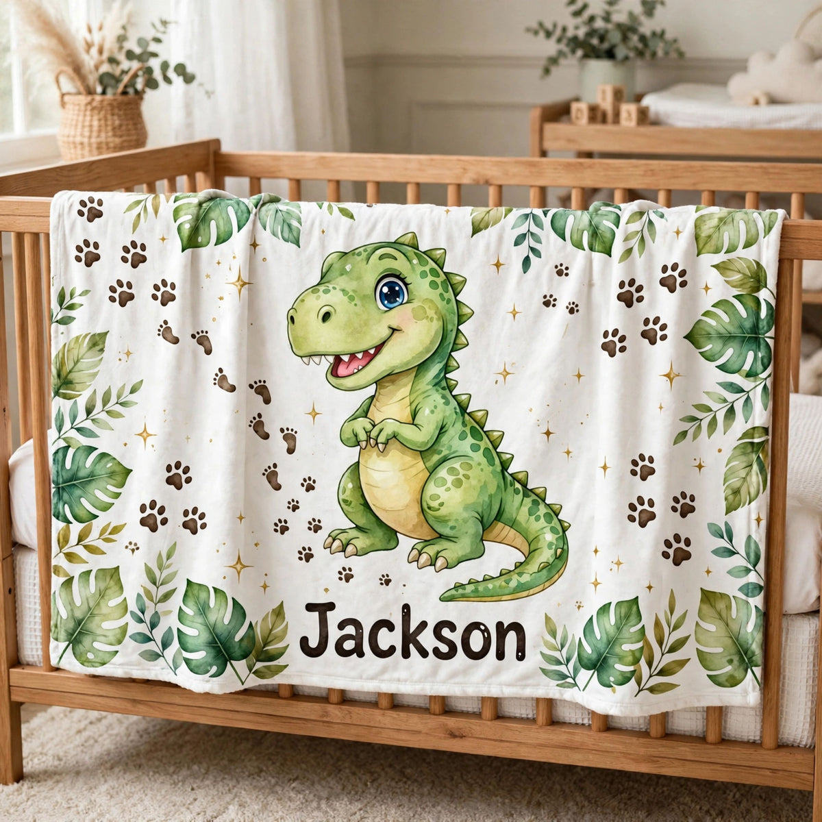 T-Rex blanket, Personalized Cute Green Dinosaur Baby Blanket, Custom Name Tropical Jungle Leaves Soft Fleece Blanket For Boys