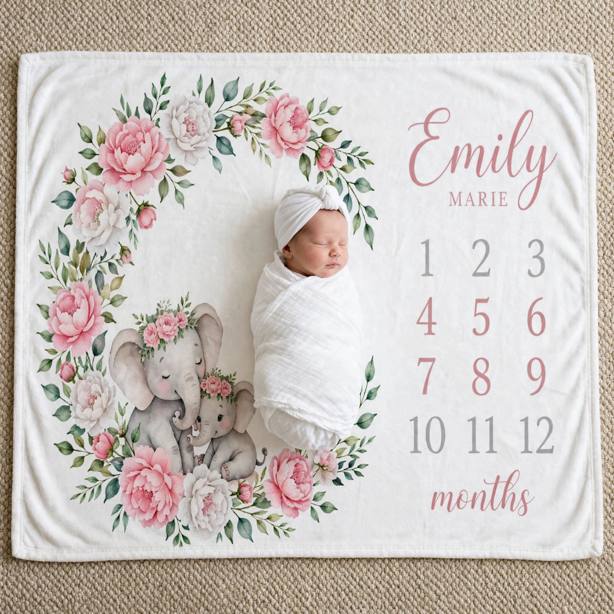 Personalized pink elephant blanket, Floral Today I Am Milestone Blanket For Baby Girl, Growth Chart Fleece Blanket