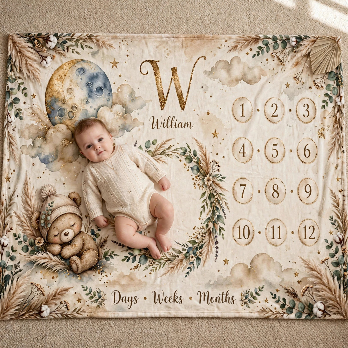 Personalized Name Baby Monthly Blanket, Vintage Monogram Letter W Bear Milestone Blanket, Newborn Growth Chart Blanket
