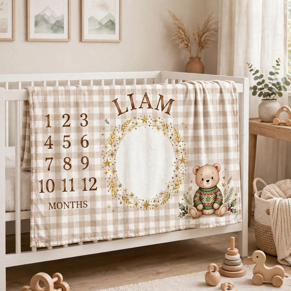Personalized Name Baby Monthly Blanket For Christmas, Cute Teddy Bear Winter Holiday Growth Chart Blanket