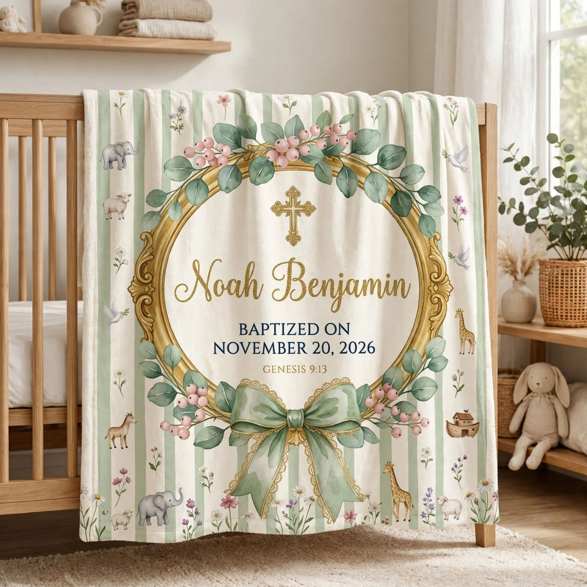 Personalized Floral Noahs Ark Baptism Blanket, Custom Baby Name Gift