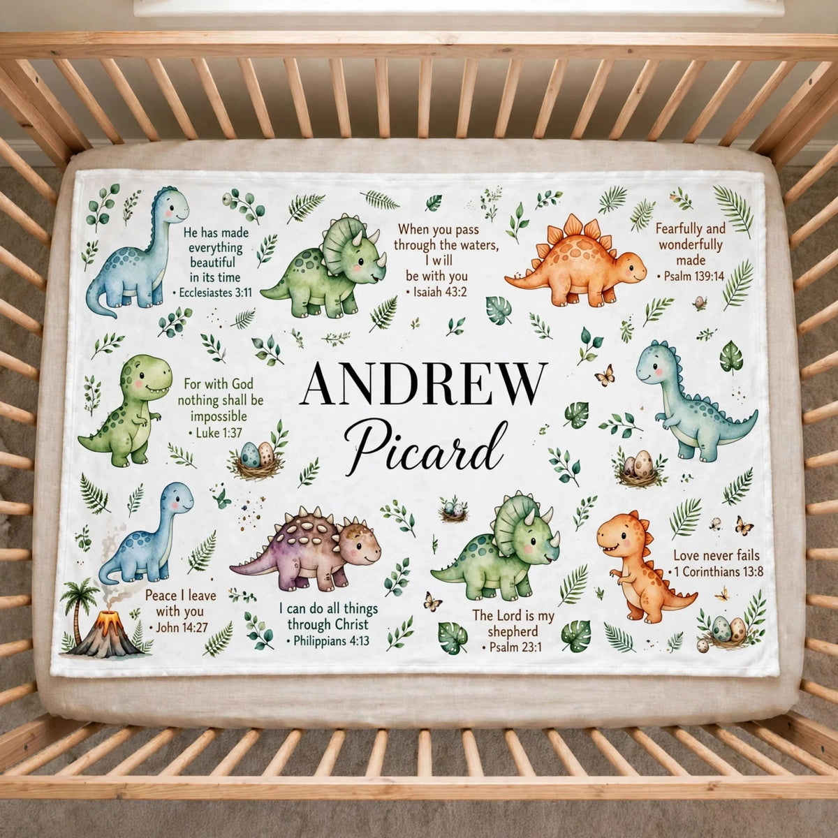 Dinosaur Blanket, Personalized Bible Verse Dinosaur Baby Blanket, Soft Custom Name Christian Nursery Blanket For Boy