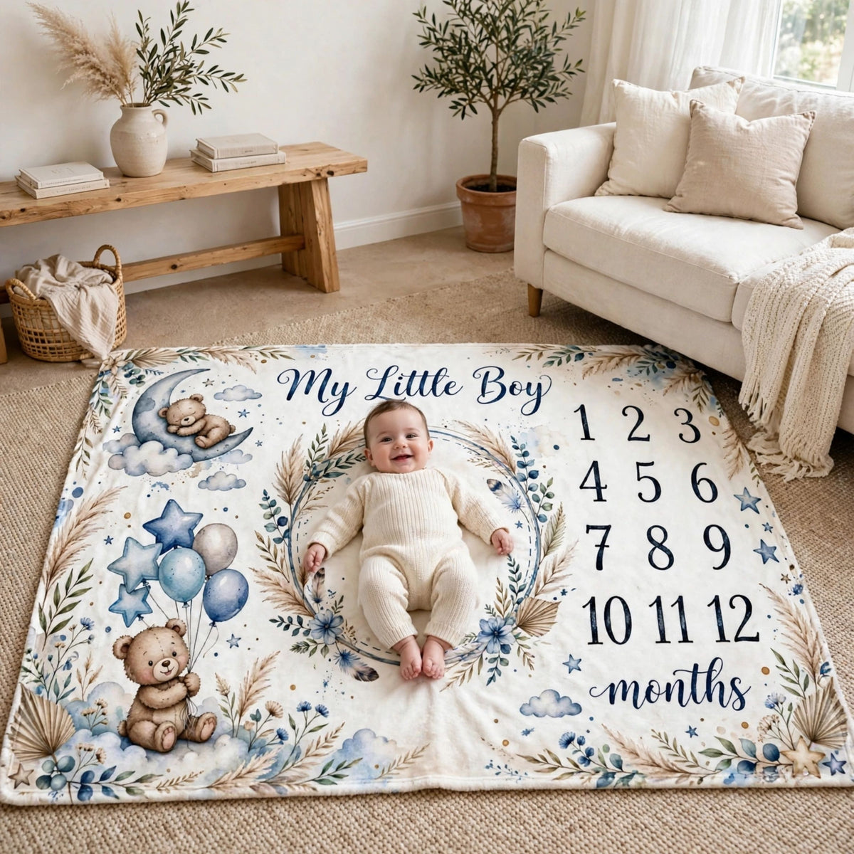 Personalized Name Baby Monthly Blanket, Boho Pampas Grass Teddy Bear Stars Milestone Blanket, Newborn Growth Tracker Blanket