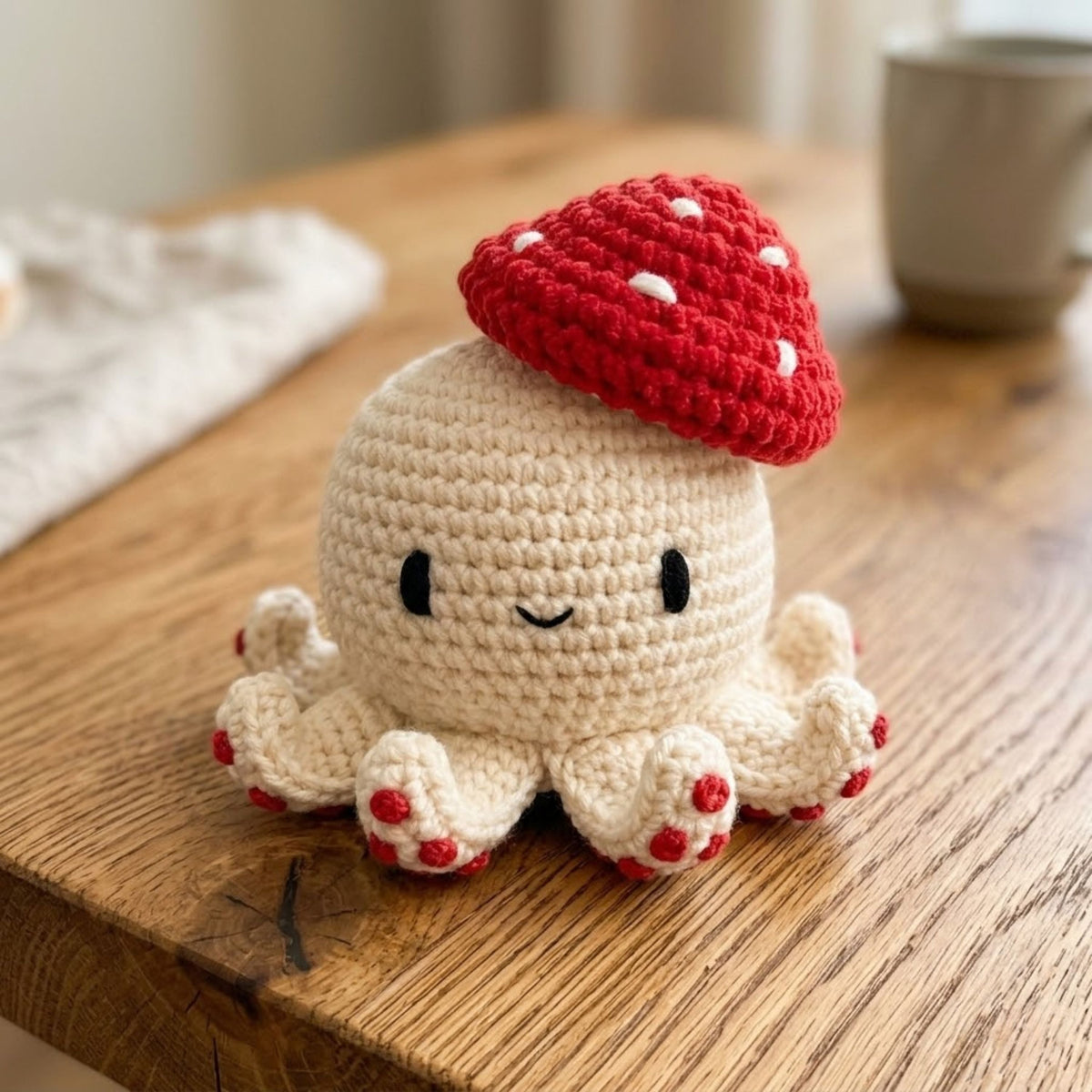 Cute Crochet Mushroom Octopus Plush, Handmade Amigurumi Toy, Kawaii Yarn Gift, Soft Decor Doll for Kids, Nursery, Collectors