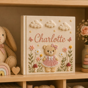 Personalized Teddy Bear Floral Baby Photo Album, Custom Embroidered Floral Memory Book Baby Girl, Newborn Keepsake Album, Baby Shower Gift