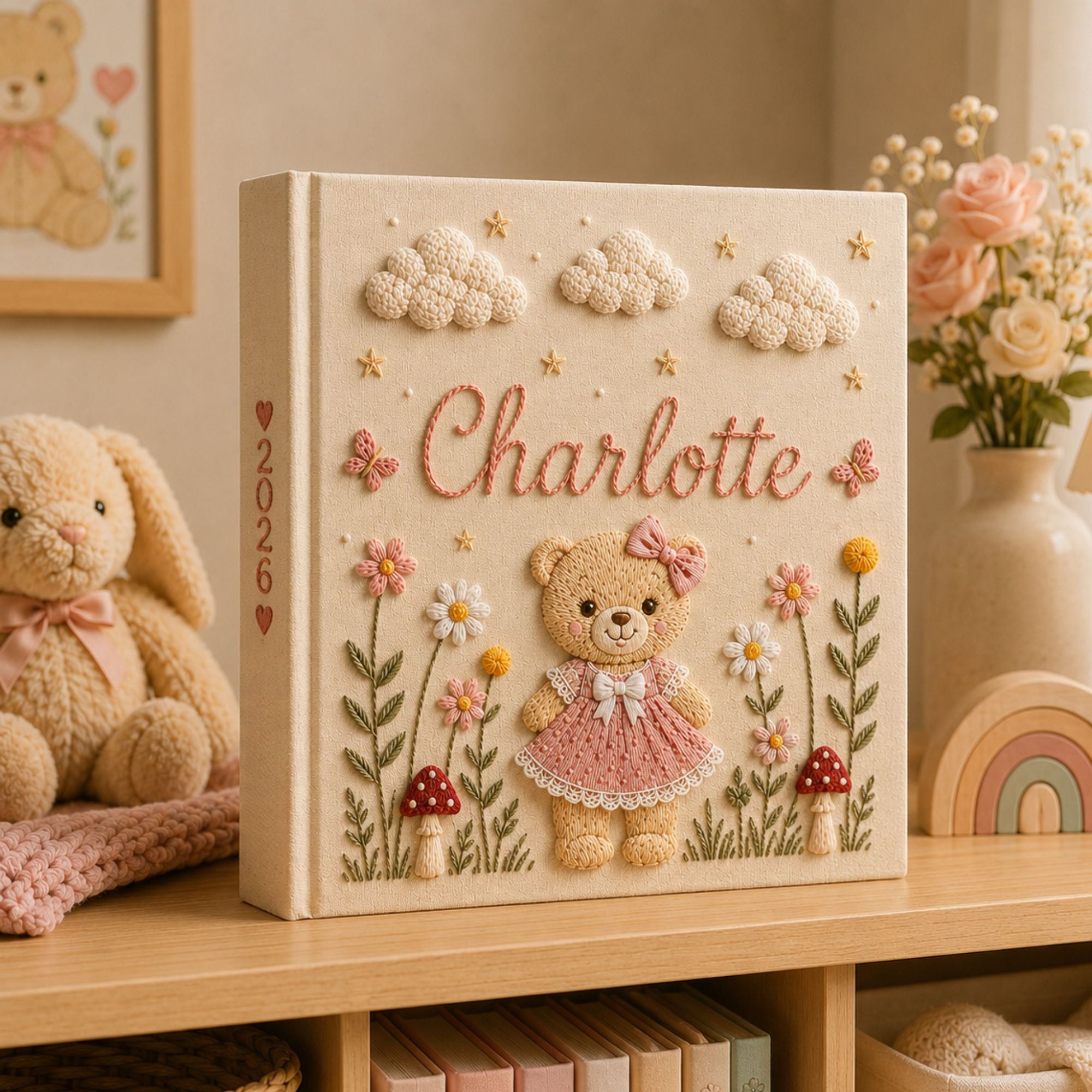 Personalized Teddy Bear Floral Baby Photo Album, Custom Embroidered Floral Memory Book Baby Girl, Newborn Keepsake Album, Baby Shower Gift