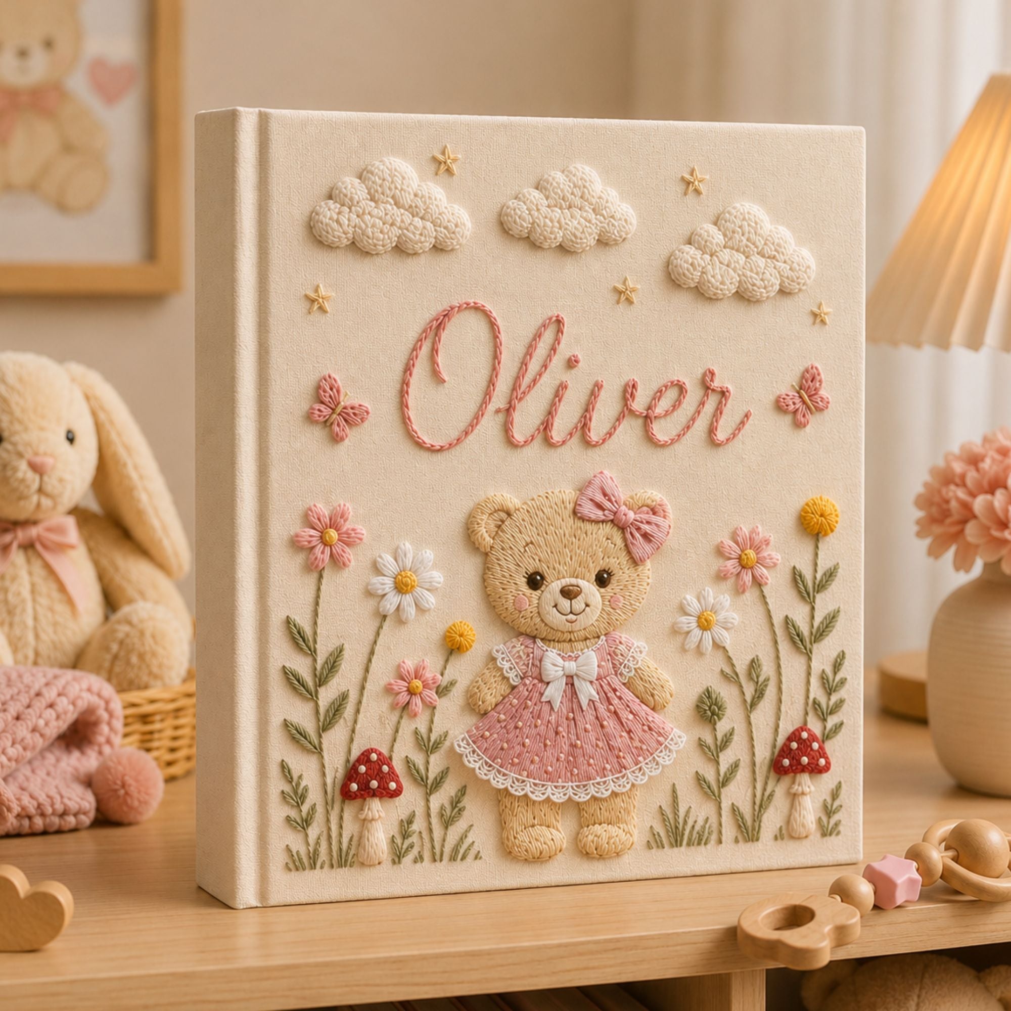 Personalized Teddy Bear Floral Baby Photo Album, Custom Embroidered Floral Memory Book Baby Girl, Newborn Keepsake Album, Baby Shower Gift