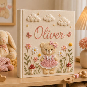 Personalized Teddy Bear Floral Baby Photo Album, Custom Embroidered Floral Memory Book Baby Girl, Newborn Keepsake Album, Baby Shower Gift