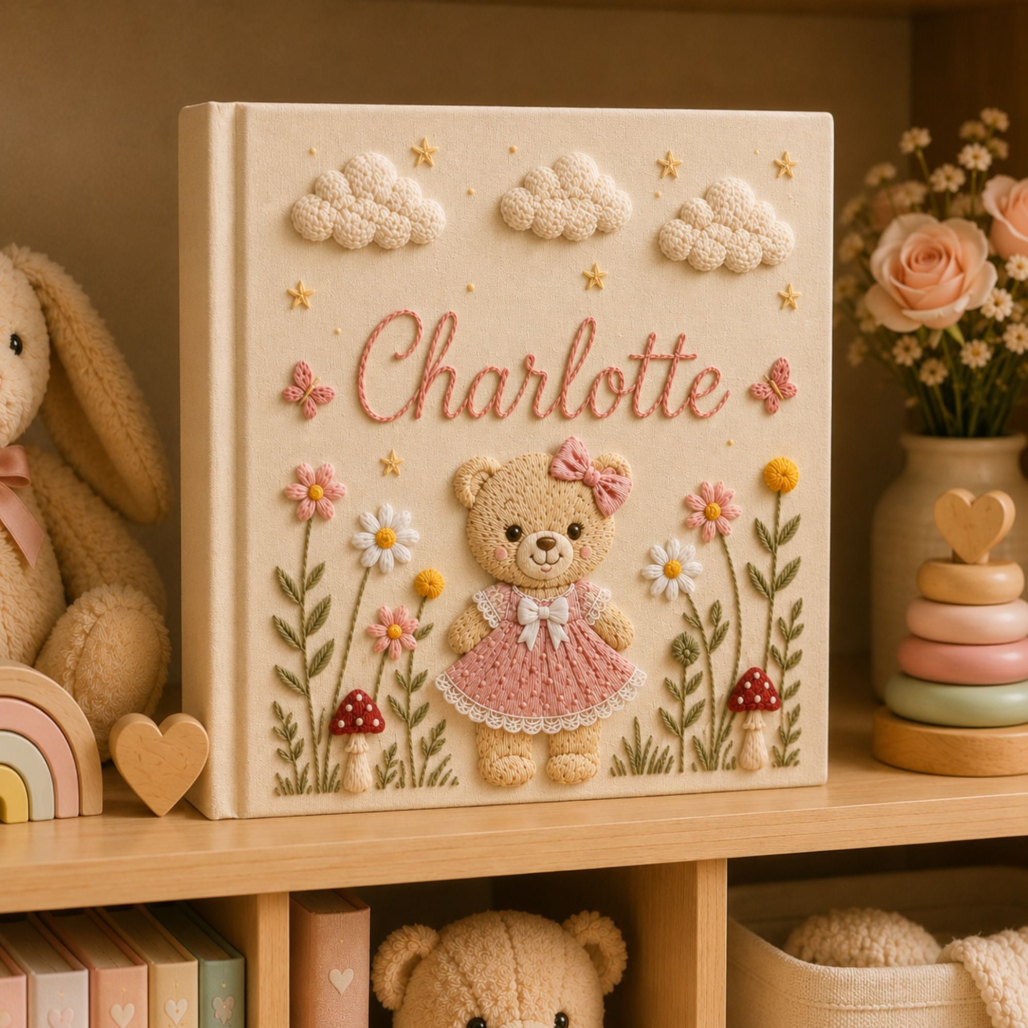 Personalized Teddy Bear Floral Baby Photo Album, Custom Embroidered Floral Memory Book Baby Girl, Newborn Keepsake Album, Baby Shower Gift