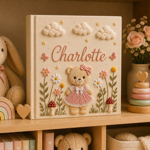 Personalized Teddy Bear Floral Baby Photo Album, Custom Embroidered Floral Memory Book Baby Girl, Newborn Keepsake Album, Baby Shower Gift